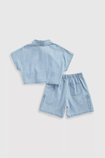 light blue chambray shirt and shorts set