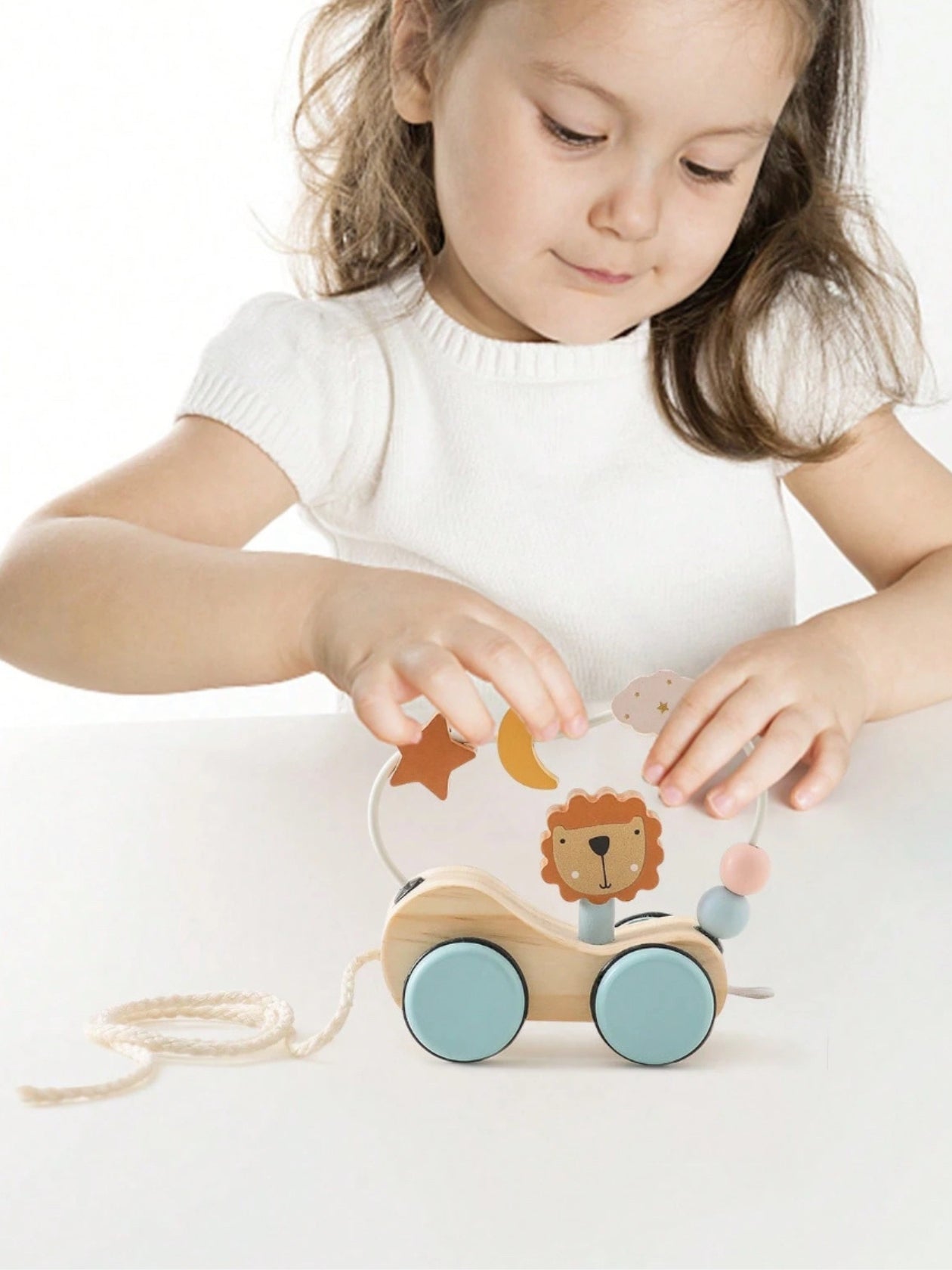 Wooden Lion Push/Pull Toy Car With Beads