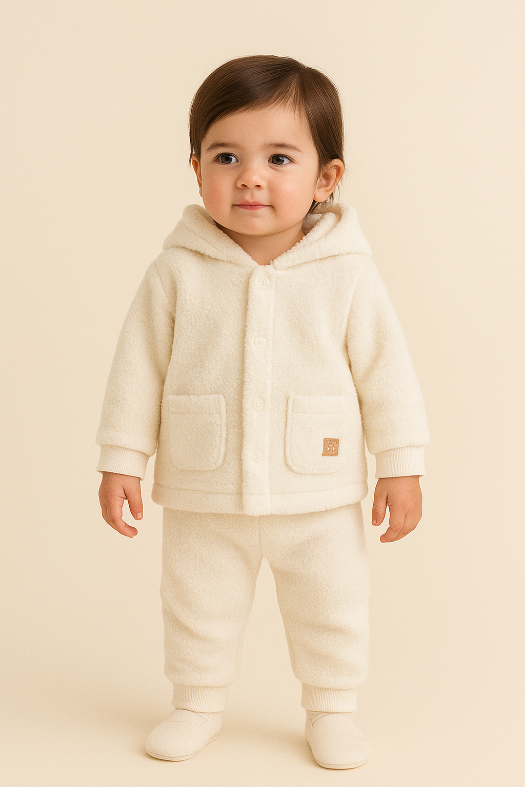 Cream Borg Hooded Sweat and Jogger Baby Set