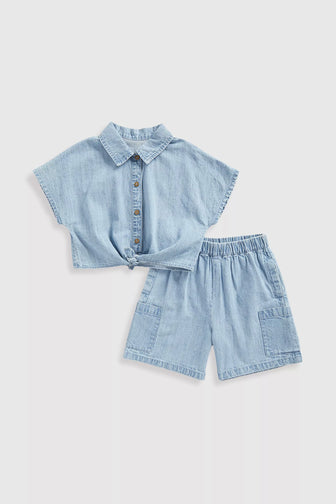 light blue chambray shirt and shorts set